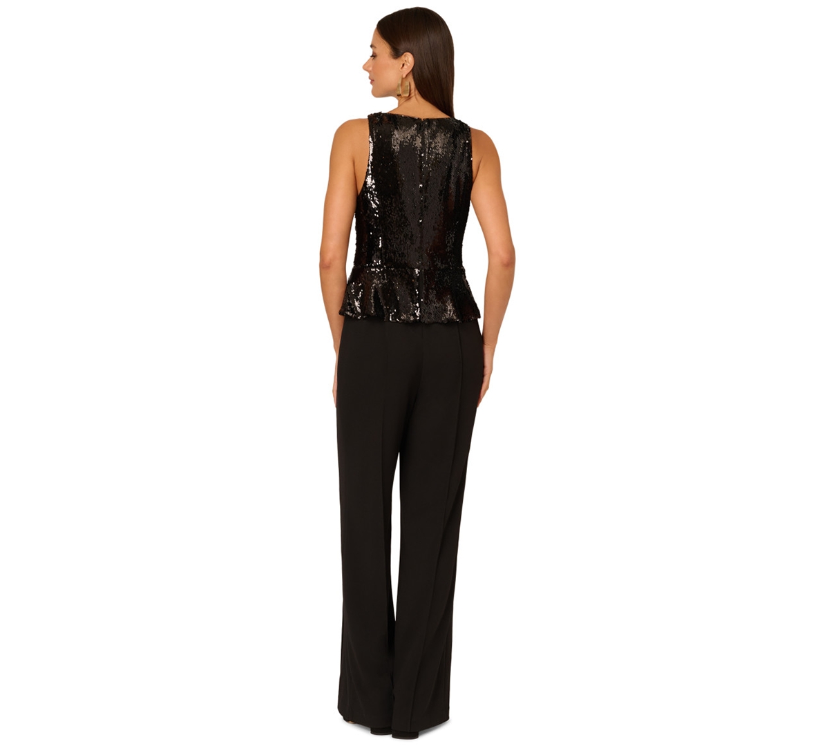 Adrianna Women's Crew Neck Sequin Bodice Wide-leg Jumpsuit In Black