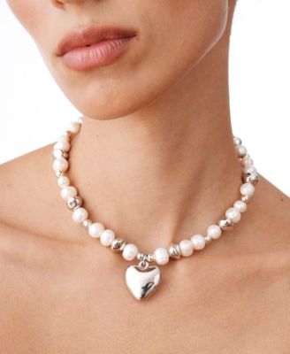 Freshwater Pearl Necklace With Acrylic Heart Charm and Irregular Shape Beads 15.7"
