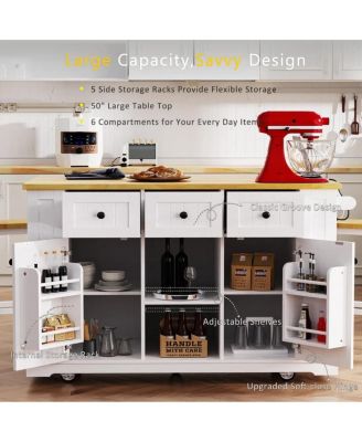 50" Kitchen Island Cart with Drop Leaf, Power Outlet & Storage Shelves, Rolling Kitchen Storage Cabinet with Wheels