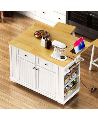 48'' Farmhouse-Style White Kitchen Island Cart with Foldable Countertop, Power Strip, 5 Side Racks, and Drawers