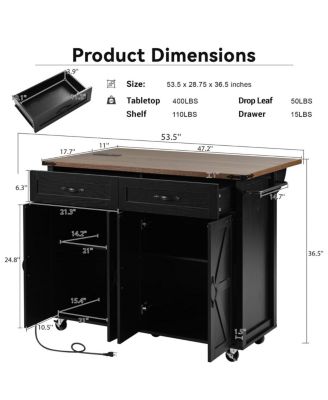 47.2" Farmhouse Rolling Kitchen Island Cart with Drop Leaf, Power Outlet, Spice Rack, Drawers & Storage Cabinet
