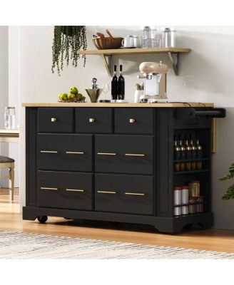 Rolling Kitchen Island Cart with 6 Drawers, Pull-Out Trash Bin Cabinet, Drop Leaf, Power Outlet & Side Racks for Kitchen Storage