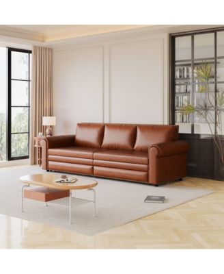93.7" Faux Leather King Pull Out Sofa Bed, 3-in-1 Convertible Sleeper Couch with Rolled Arms & Nailhead Trim for Living Room
