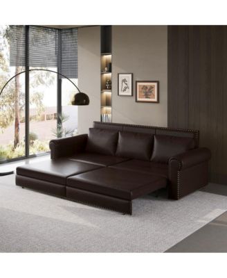 93.7" Faux Leather King Pull Out Sofa Bed, 3-in-1 Convertible Sleeper Couch with Rolled Arms & Nailhead Trim for Living Room