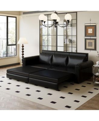 93.7" Faux Leather King Pull Out Sofa Bed, 3-in-1 Convertible Sleeper Couch with Rolled Arms & Nailhead Trim for Living Room