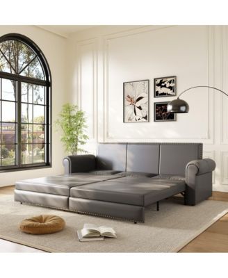 93.7" Faux Leather King Pull Out Sofa Bed, 3-in-1 Convertible Sleeper Couch with Rolled Arms & Nailhead Trim for Living Room