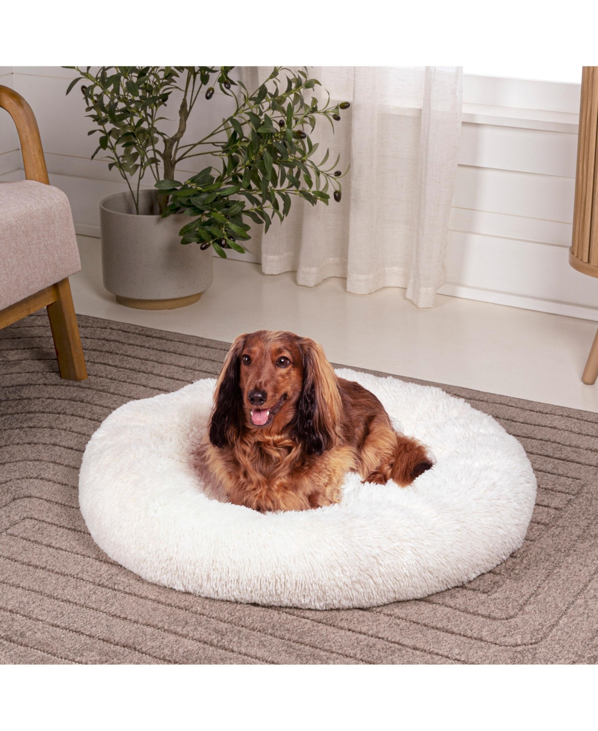The Licker Store Maisie Bohemian Glam Faux Fur Round Fluffy Calming Donut Pet Bed with Washable Cover
