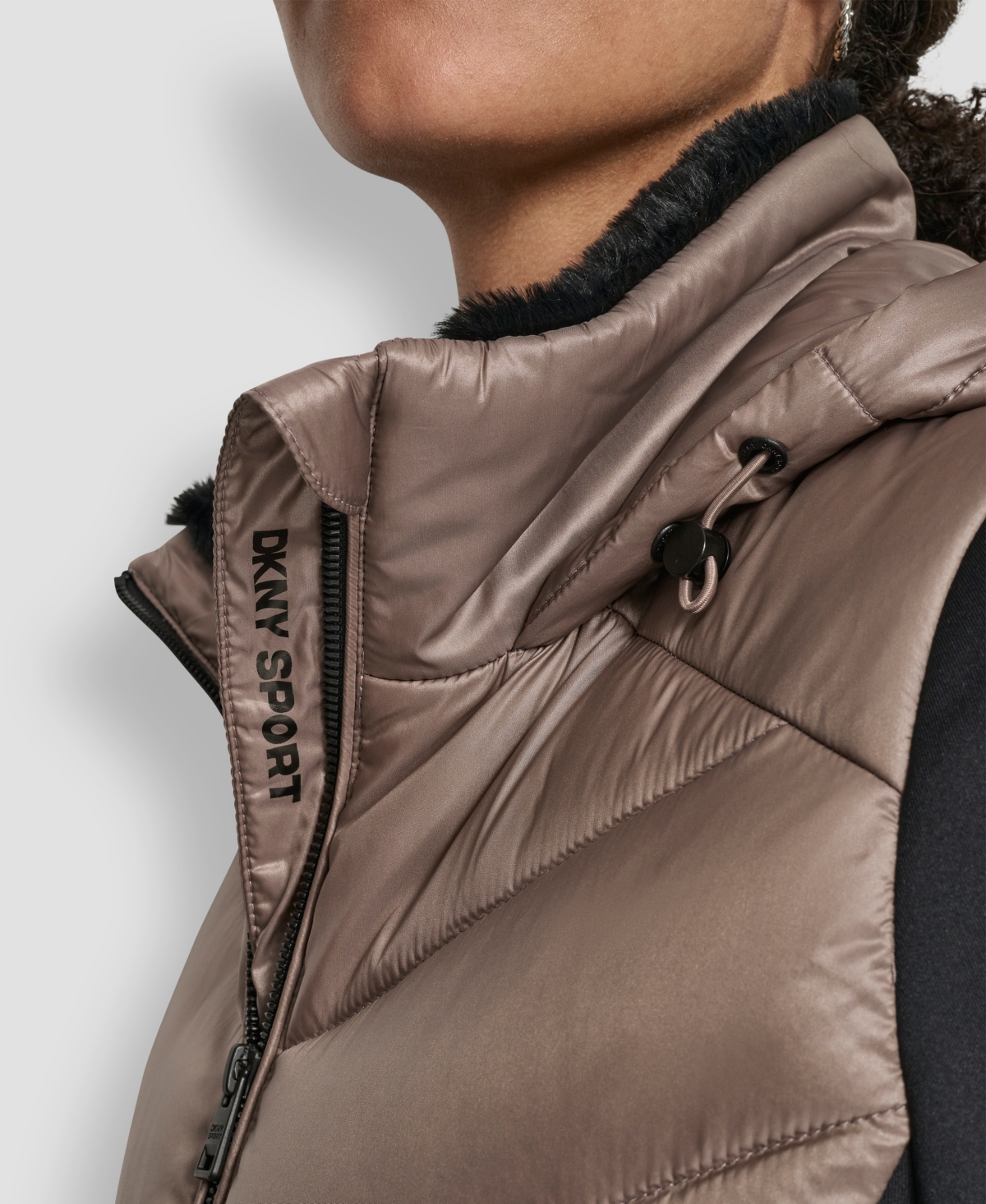 Dkny Women's Chevron Quilt Scuba Mix Collar Jacket In Brown