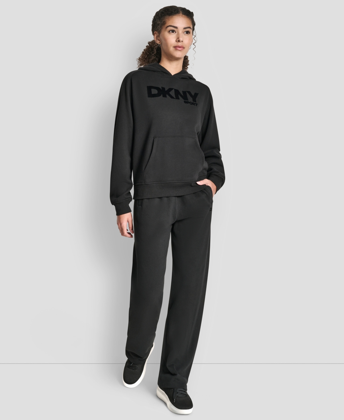 Dkny Women's Flock Logo Kanga Pocket Pull-On Hoodie