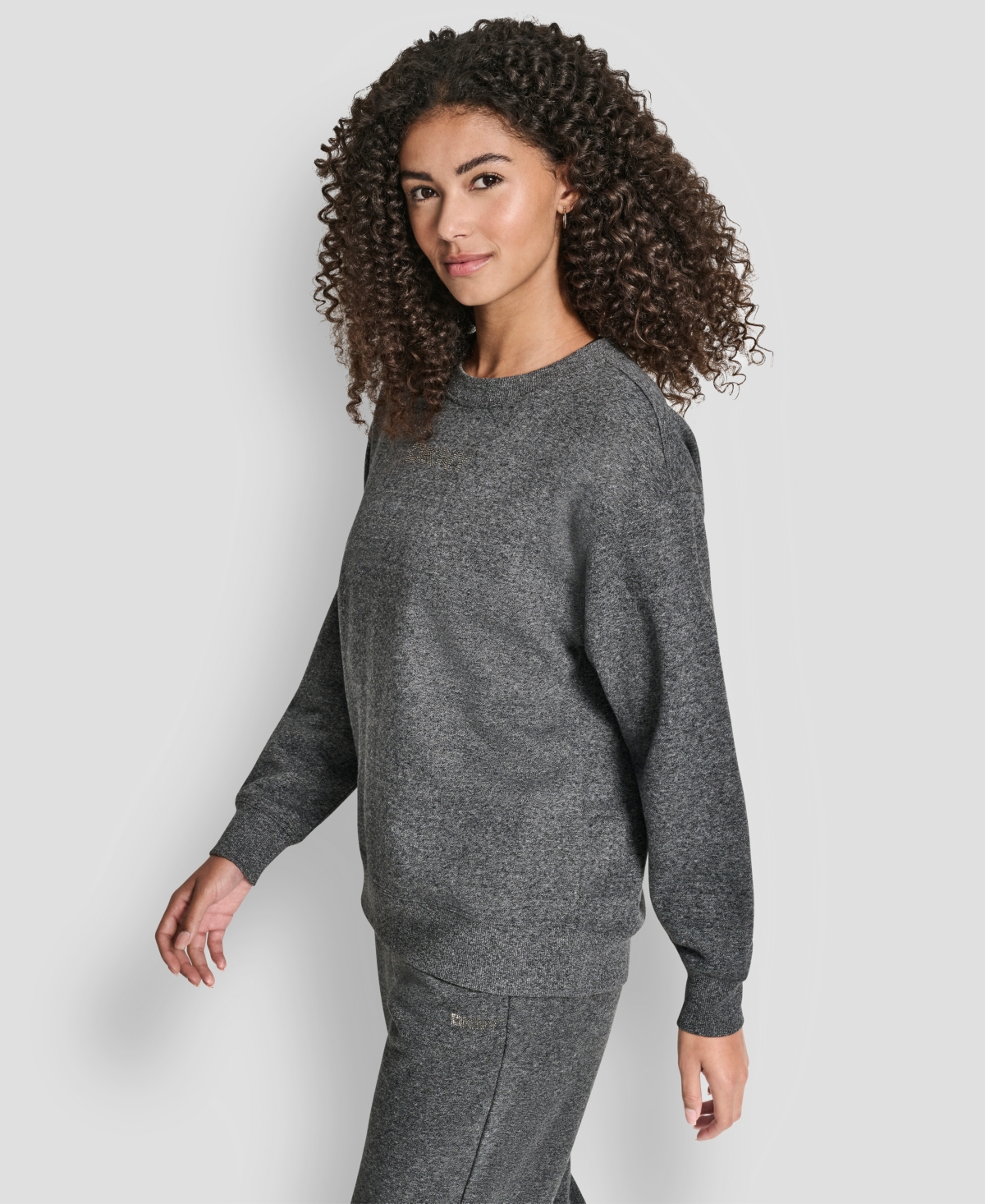 Dkny Women's Rhinestone Logo Long Line Crewneck Sweatshirt
