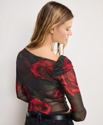 Women's Mesh Ruched Asymmetric Top, Regular and Plus Size