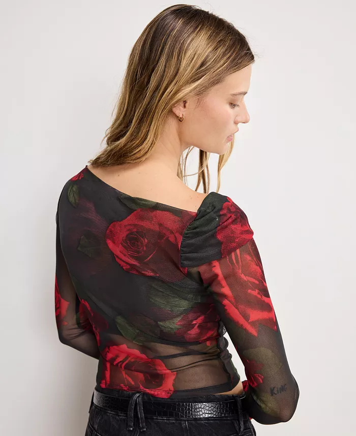 Women's Mesh Ruched Asymmetric Top, Regular and Plus Size - thumbnail 9