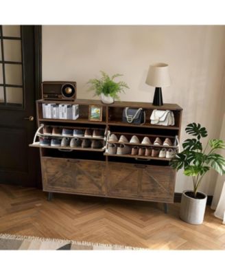 Shoe Storage Cabinet with 4 Flip Drawers and Open Storage, Freestanding Narrow Shoe Rack Cabinet for Entryway, Hallway, Living Room, Dark Brown