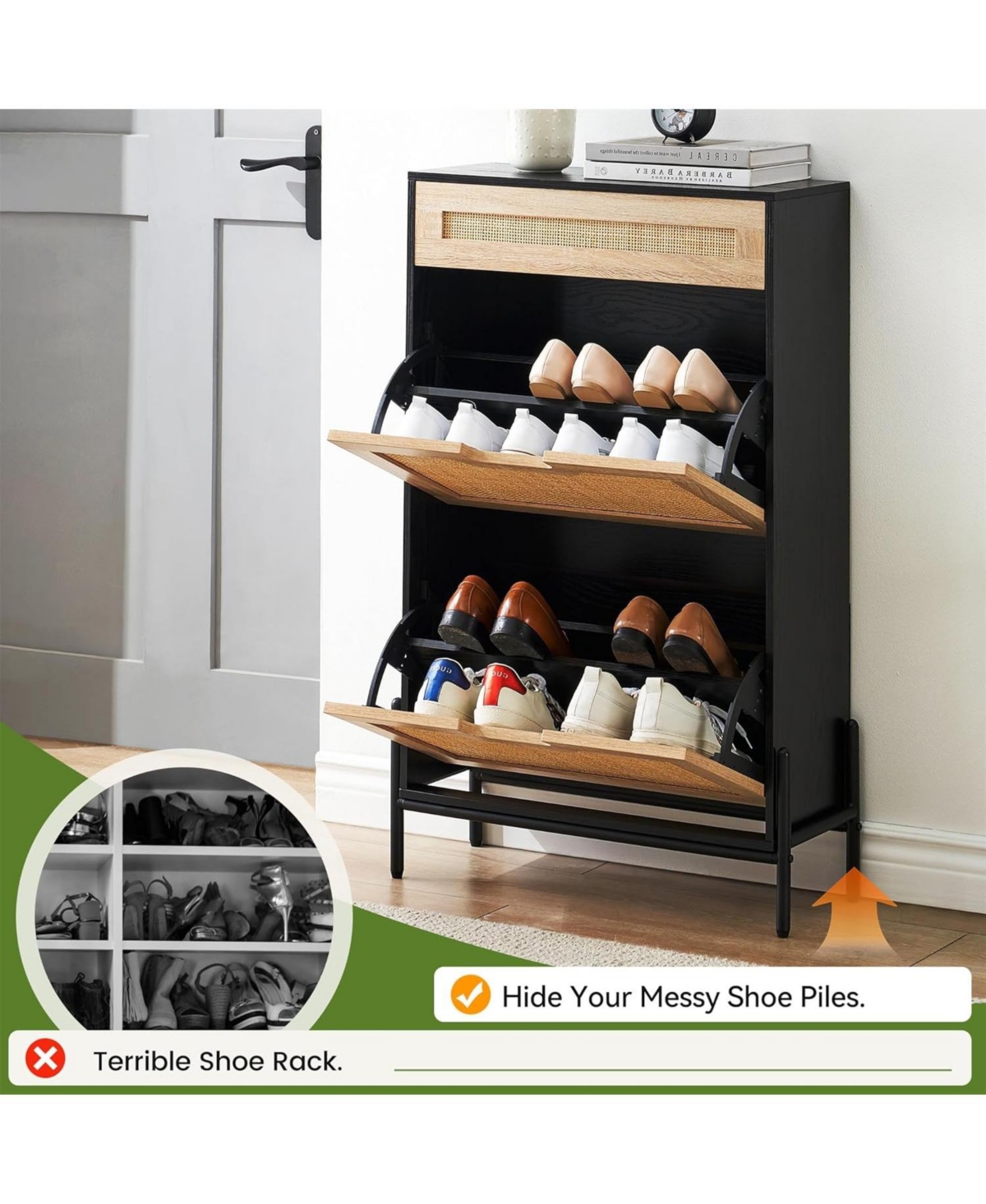 gaomon Natural Rattan Storage Cabinet with 2 Flip Drawers, Wooden Entry Way Cabinet with Storage with Adjustable Shelf and Metal Legs,Black