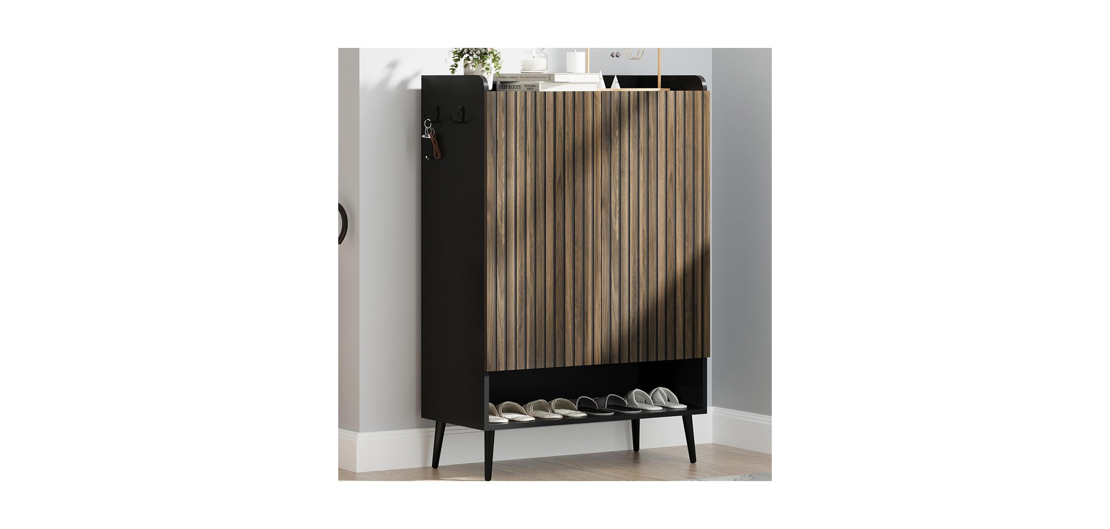 Shoe Cabinet，Large Shoe Cabinet with 2 Doors,Adjustable Shelves, Shoe Organizer with Doors for Hallway, Entryway, Living Room,Black+Nut-Brown