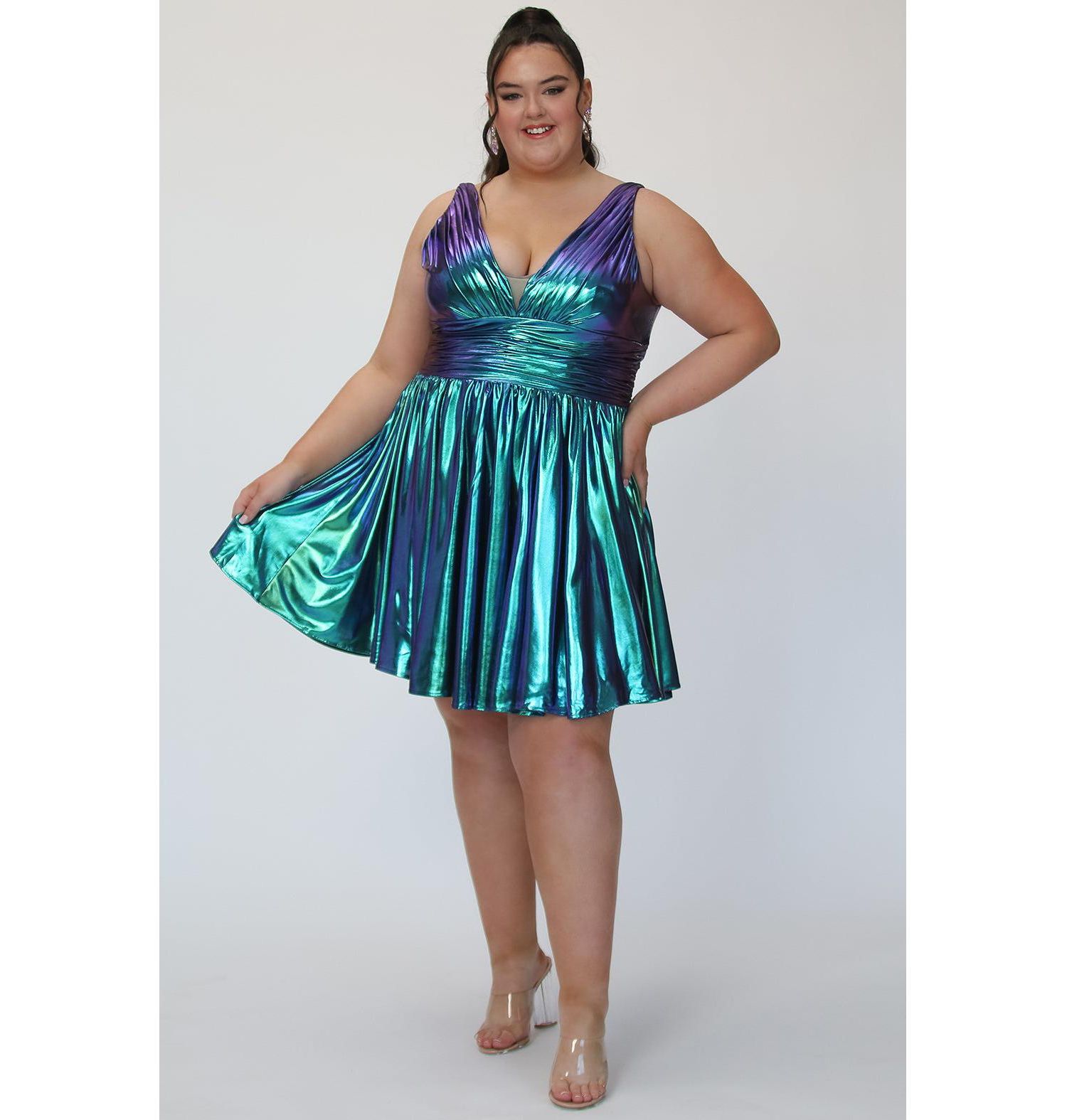 Plus Size Blue & Green Iridescent A-line Party Dress
