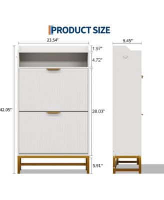Narrow Shoe Cabinet Storage for Entryway, Modern Fluted Shoe Rack Organizer with 2 Flip Drawers and an Open Shelf for Hallway, Living Room, White