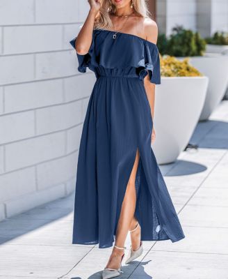Women's Off Shoulder Bodice Slit Hem Maxi Beach Dress