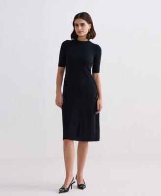 Women's High Crew Neck Elbow Sleeves Fitted Dress in Black