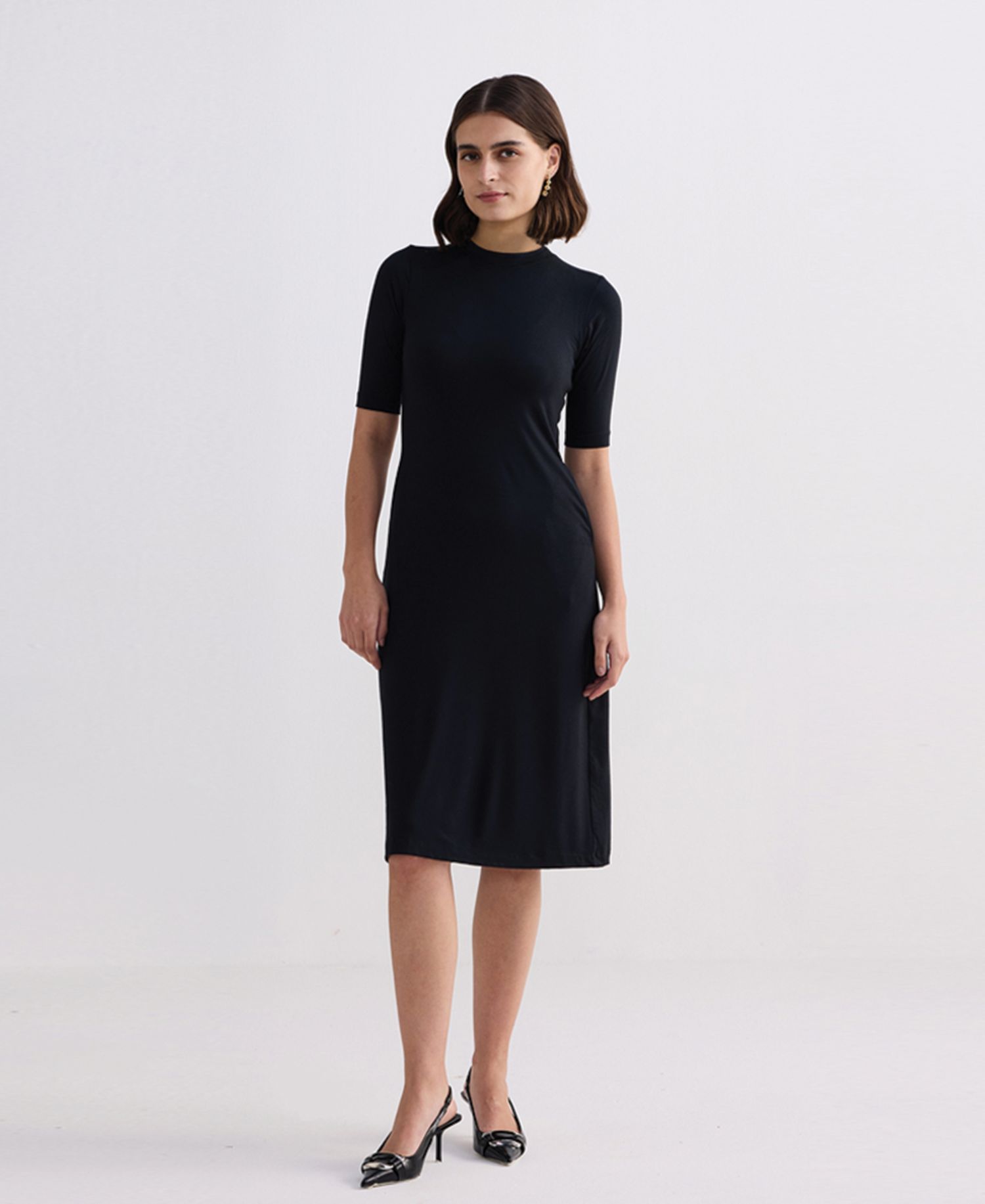 Women's High Crew Neck Elbow Sleeves Fitted Dress in Black