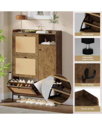 3 Tier Shoe Cabinet with Natural Rattan Flip Drawers for Entryway,Shoe Storage Organizer with Adjustable Shelves for Hallway, Living Room,Brown