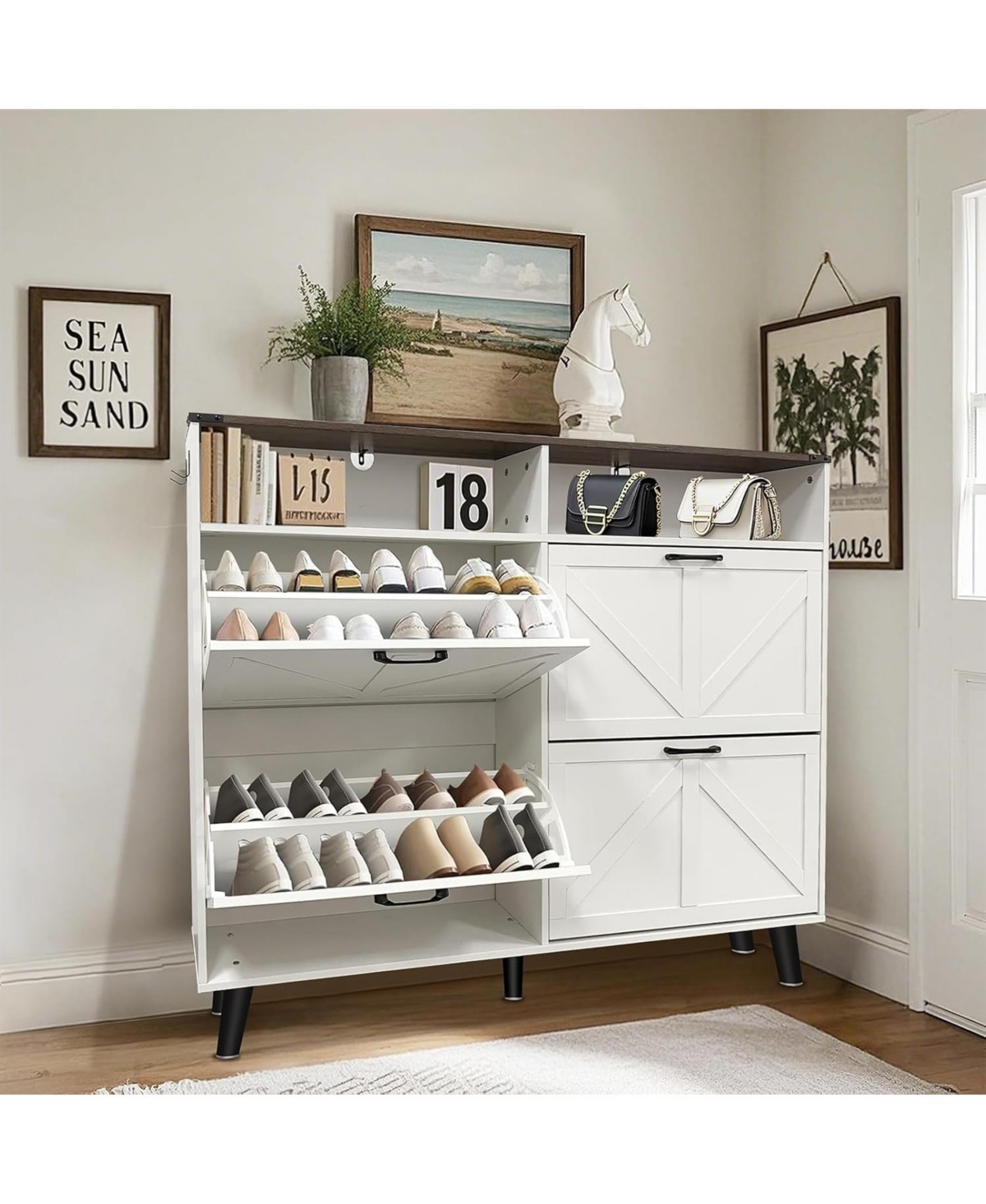 gaomon Shoe Storage Cabinet, Farmhouse Shoe Organizer with 4 Flip Drawers and Open Storage,Freestanding Narrow Shoe Rack Cabinet,White