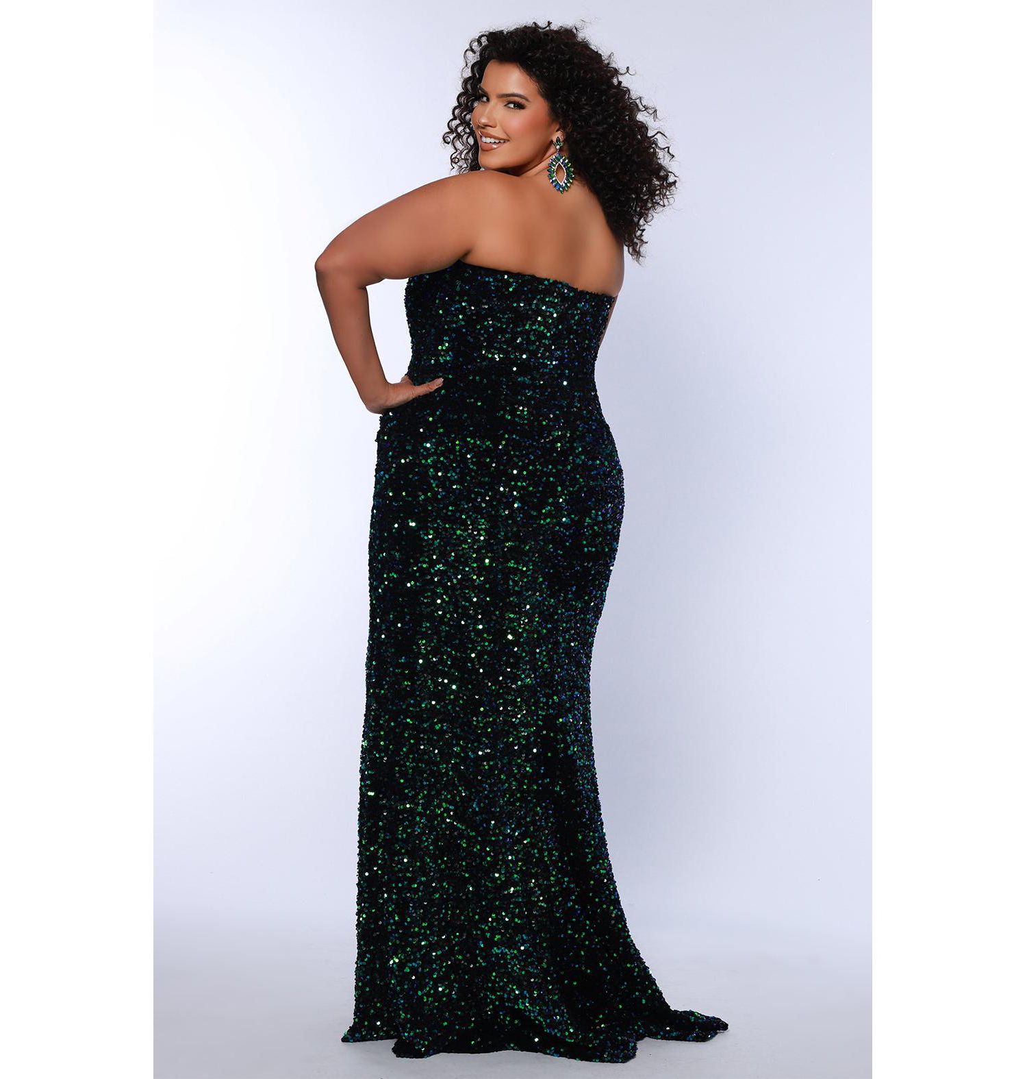 Women's Strapless Peacock Sequin Velvet Fitted Formal Dress with Slit
