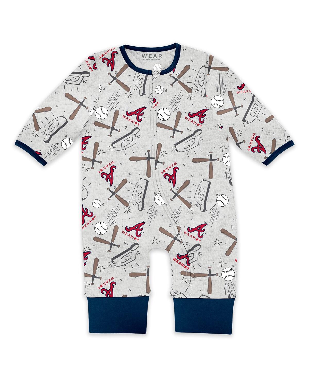 Wear By Erin Andrews Baby Boys And Girls Heather Gray Atlanta Braves Sleep And Play Full-zip Sleeper Bib Set In Blue