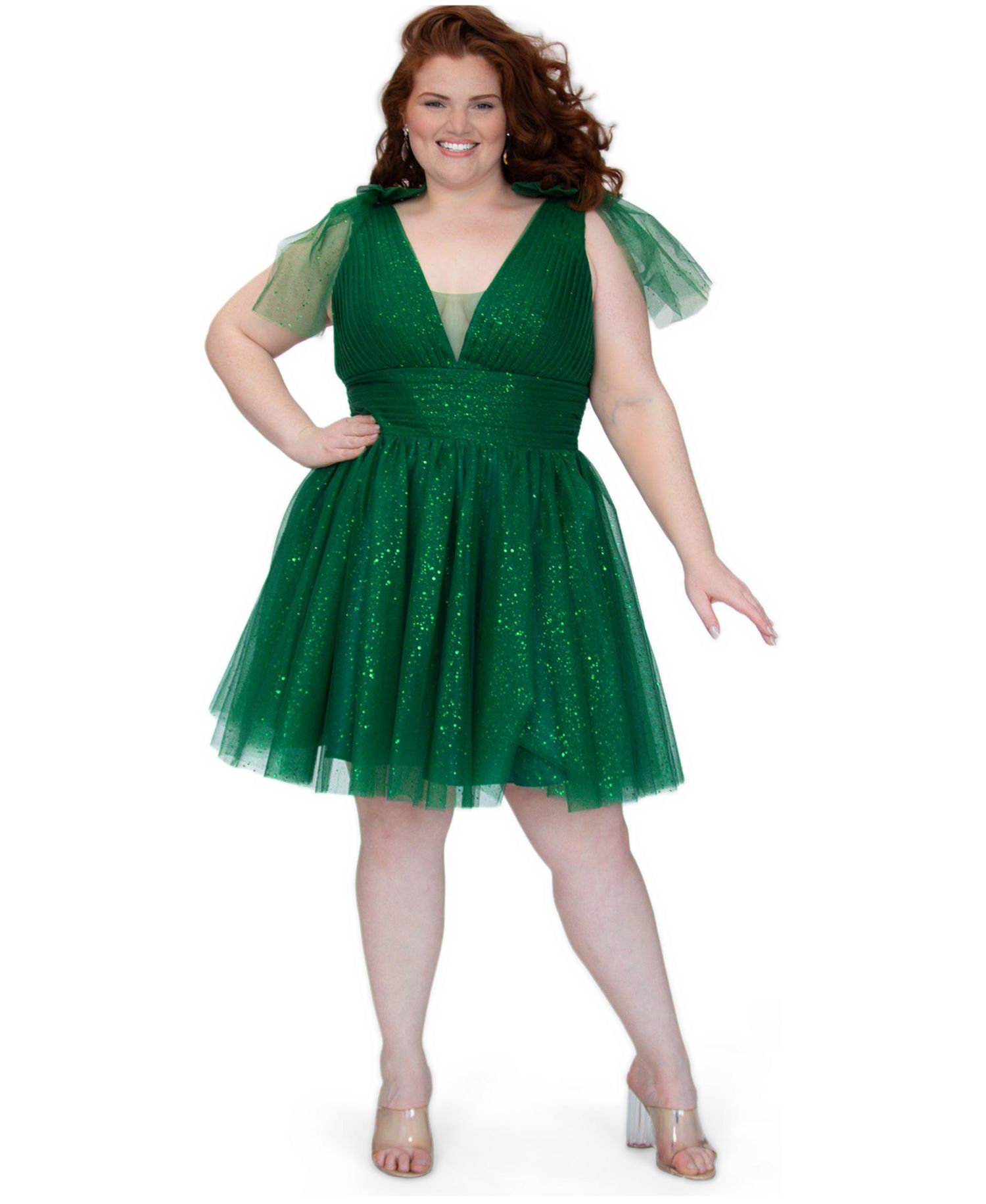Women's Sparkle Tulle Shamrock Green Cocktail Party Dress with Detachable Bows