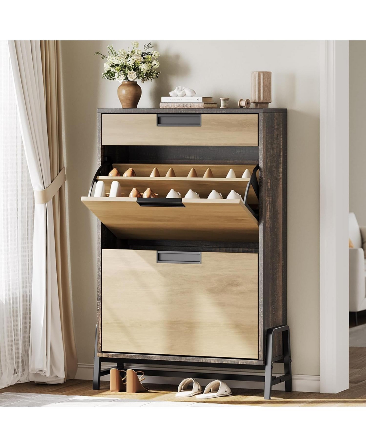 gaomon Shoe Storage Organizer with 2 Flip Drawers and 1 Drawer, Freestanding Narrow Shoe Rack, Shoe Storage Organizer with 3-Tier Adjustable Shelves,