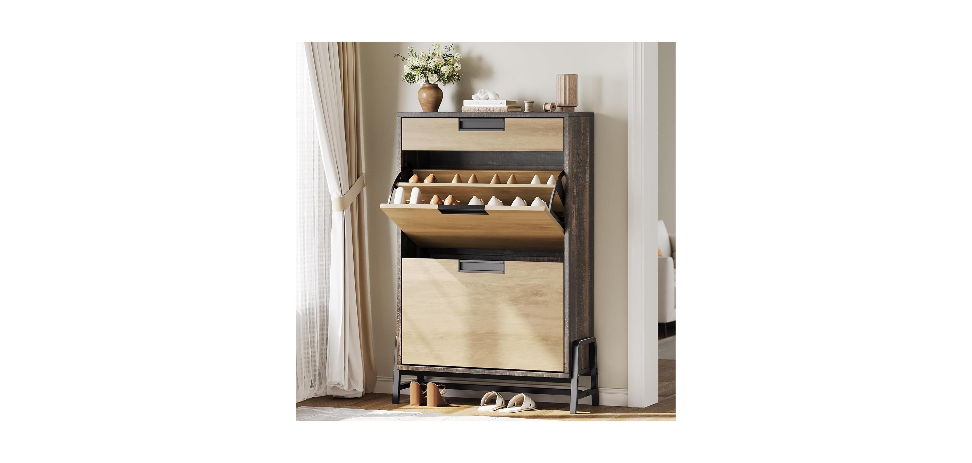gaomon Shoe Storage Organizer with 2 Flip Drawers and 1 Drawer, Freestanding Narrow Shoe Rack, Shoe Storage Organizer with 3-Tier Adjustable Shelves,