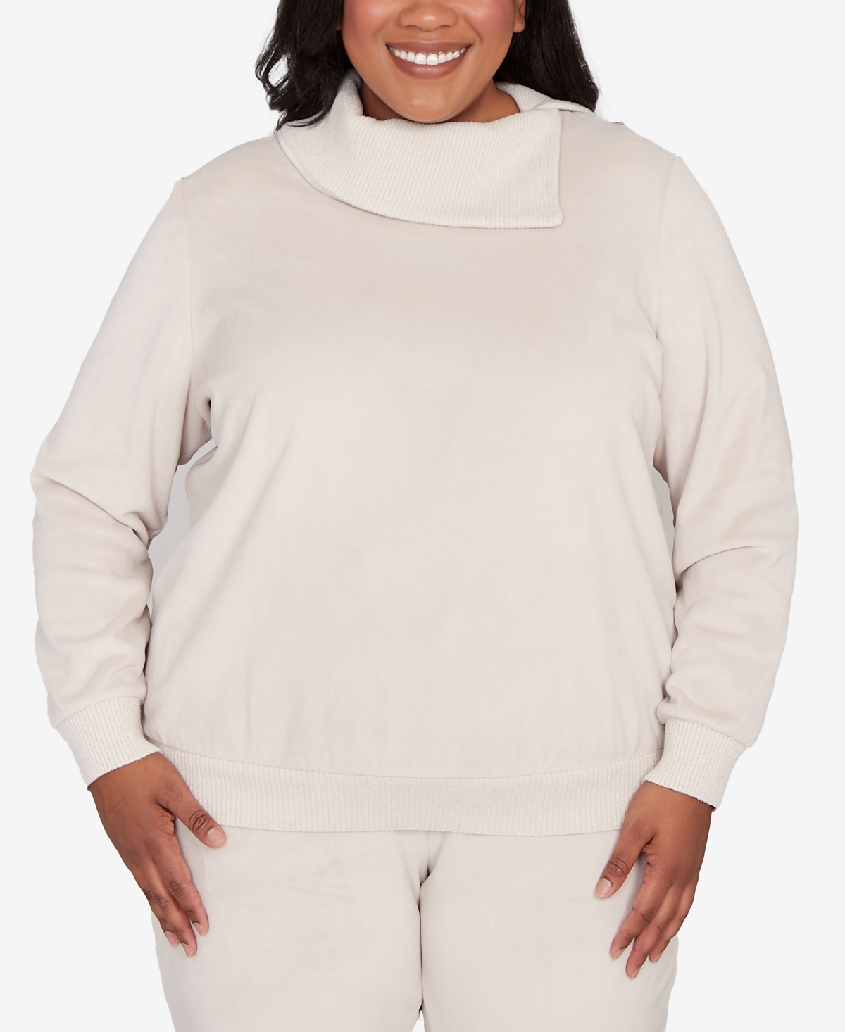 Alfred Dunner Plus Size Calm Luxe Solid Shimmer Detail Envelope Neck Top In White
