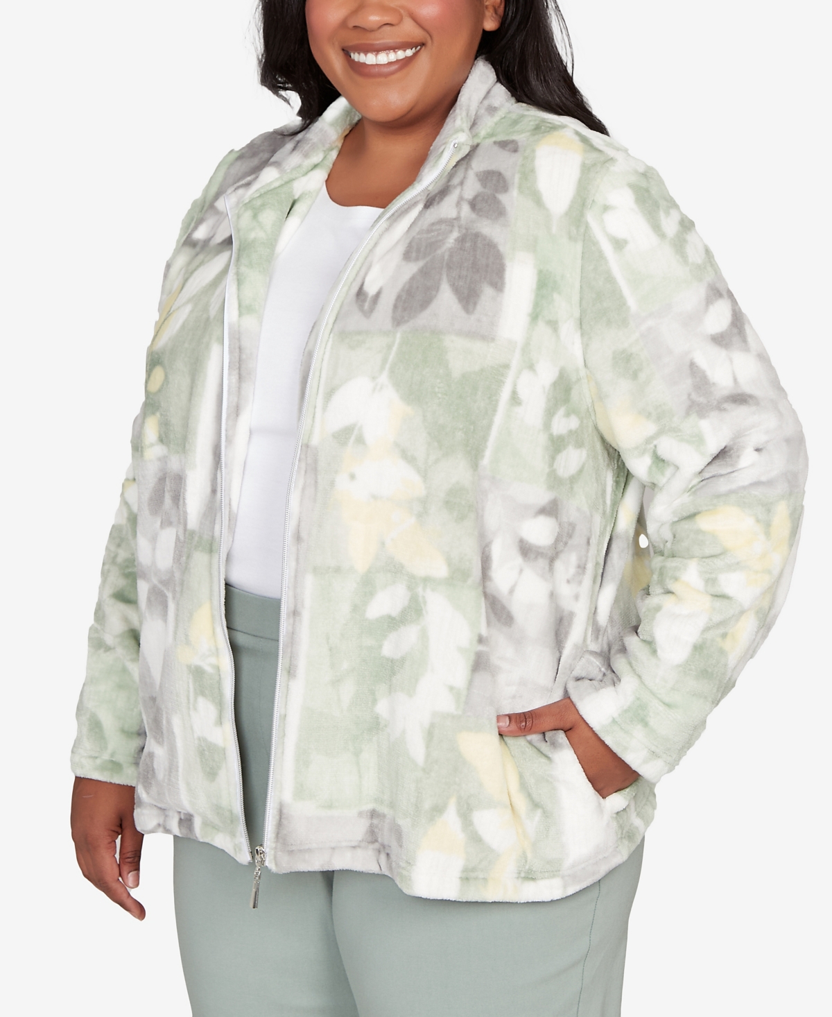 Alfred Dunner Plus Size Stockbridge Leaf Patchwork Cozy Knit Jacket In Multi