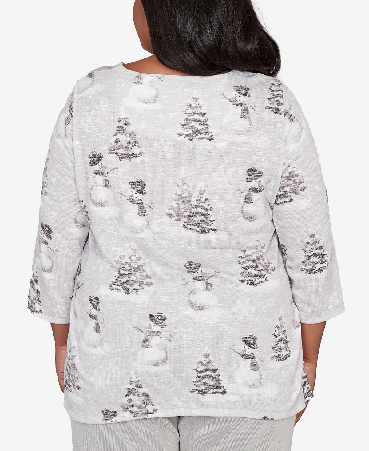 Alfred Dunner Plus Size Stockbridge Playful Snowmen Scene Knit Top In Gray