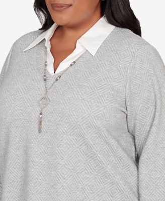 Plus Size Stockbridge Diamond Jacquard Two In One Top With Necklace