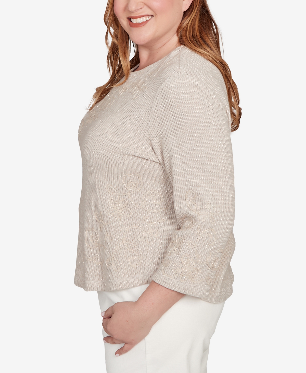 Alfred Dunner Plus Size Vienna Asymmetrical Floral Soutache Knit Top In Brown