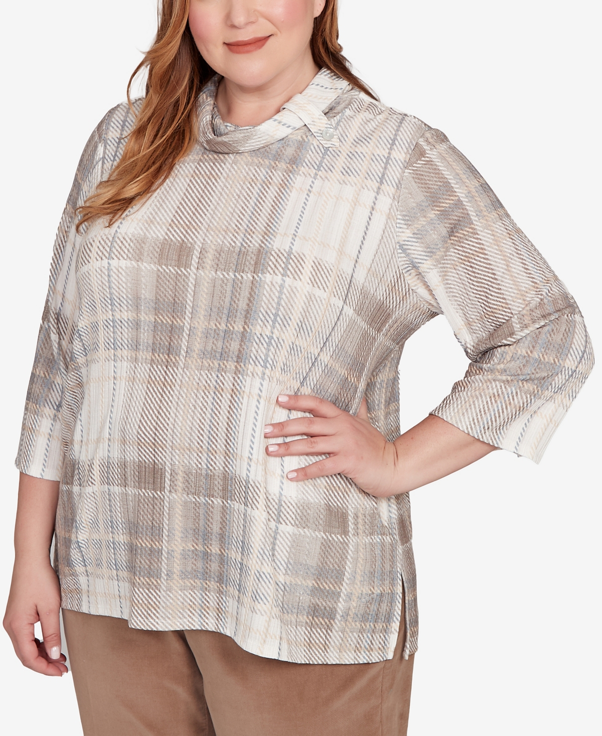 Alfred Dunner Plus Size Vienna Draped Cowl Neckline Plaid Knit Top In Multi