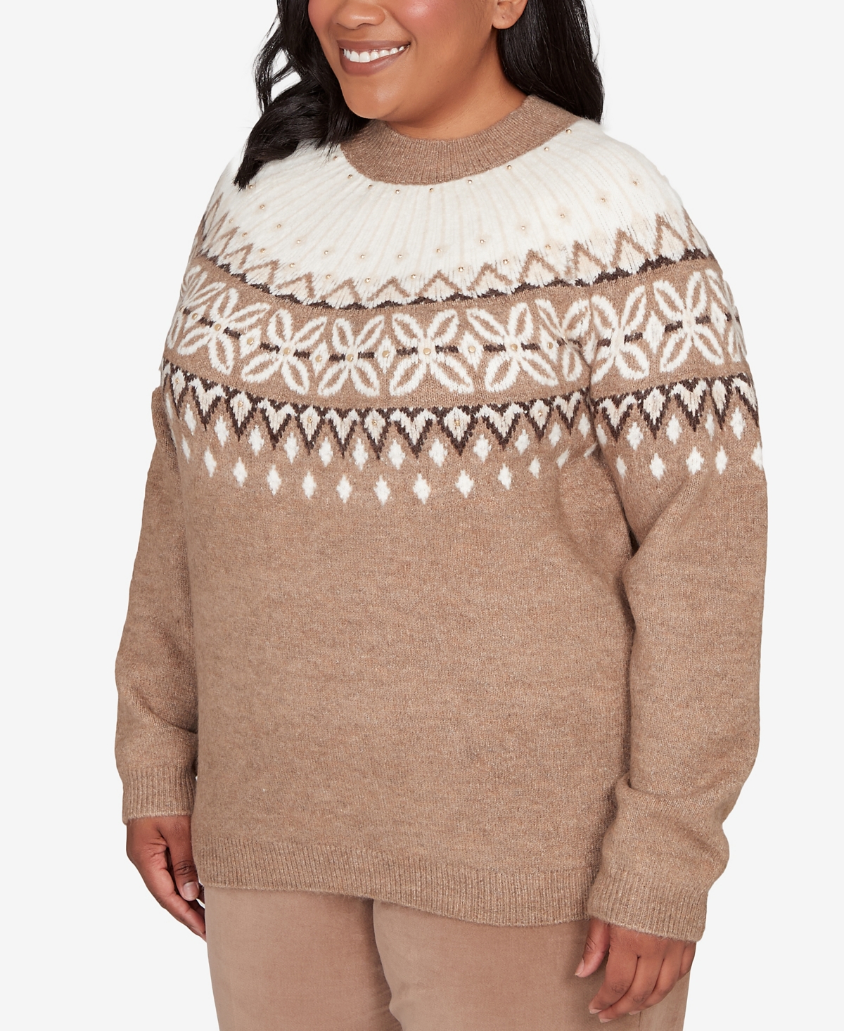 Alfred Dunner Plus Size Vienna Fair Isle Gold Studded Sweater In Brown