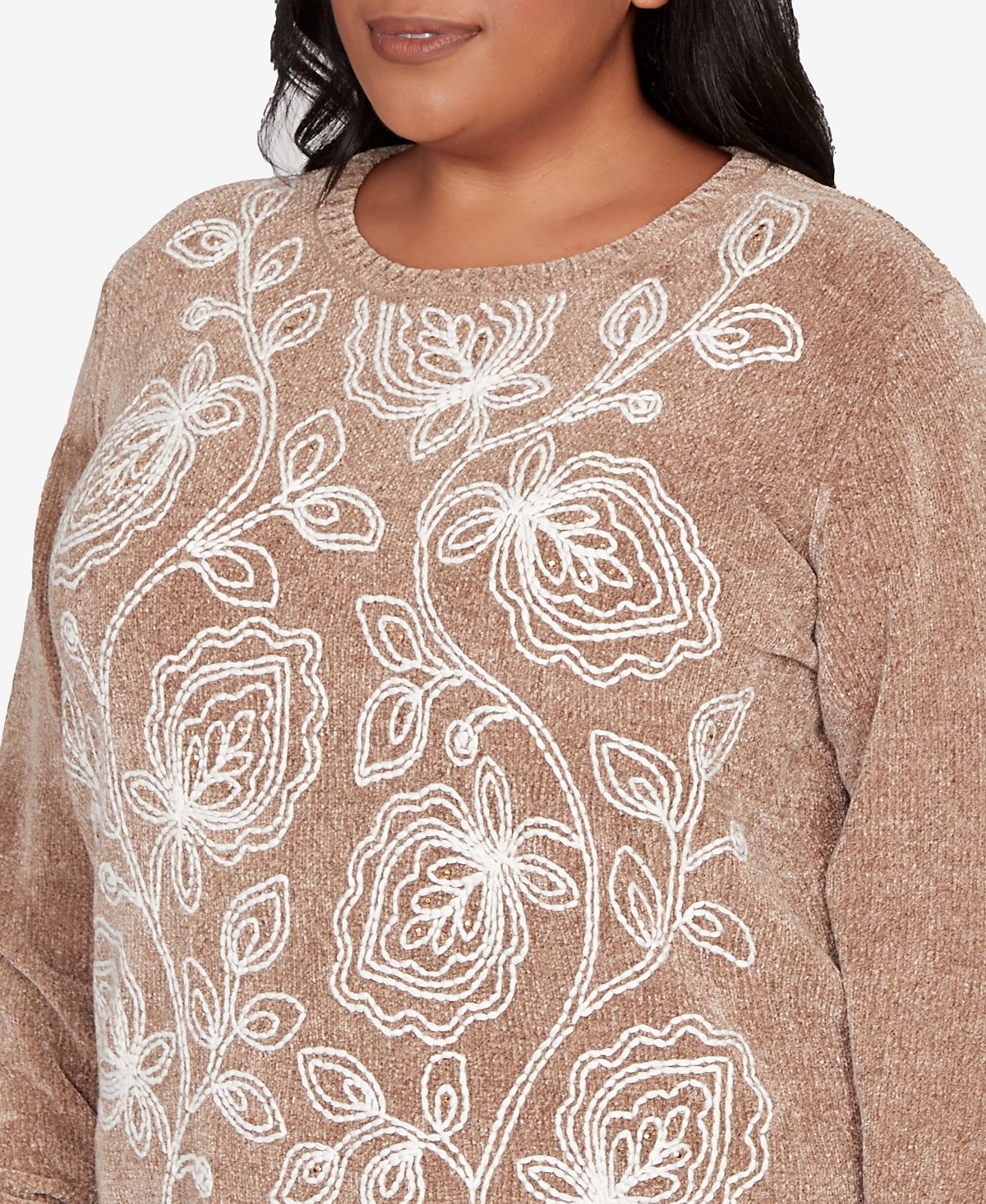 Alfred Dunner Plus Size Vienna Stitched Leaf Detail Chenille Sweater In Brown