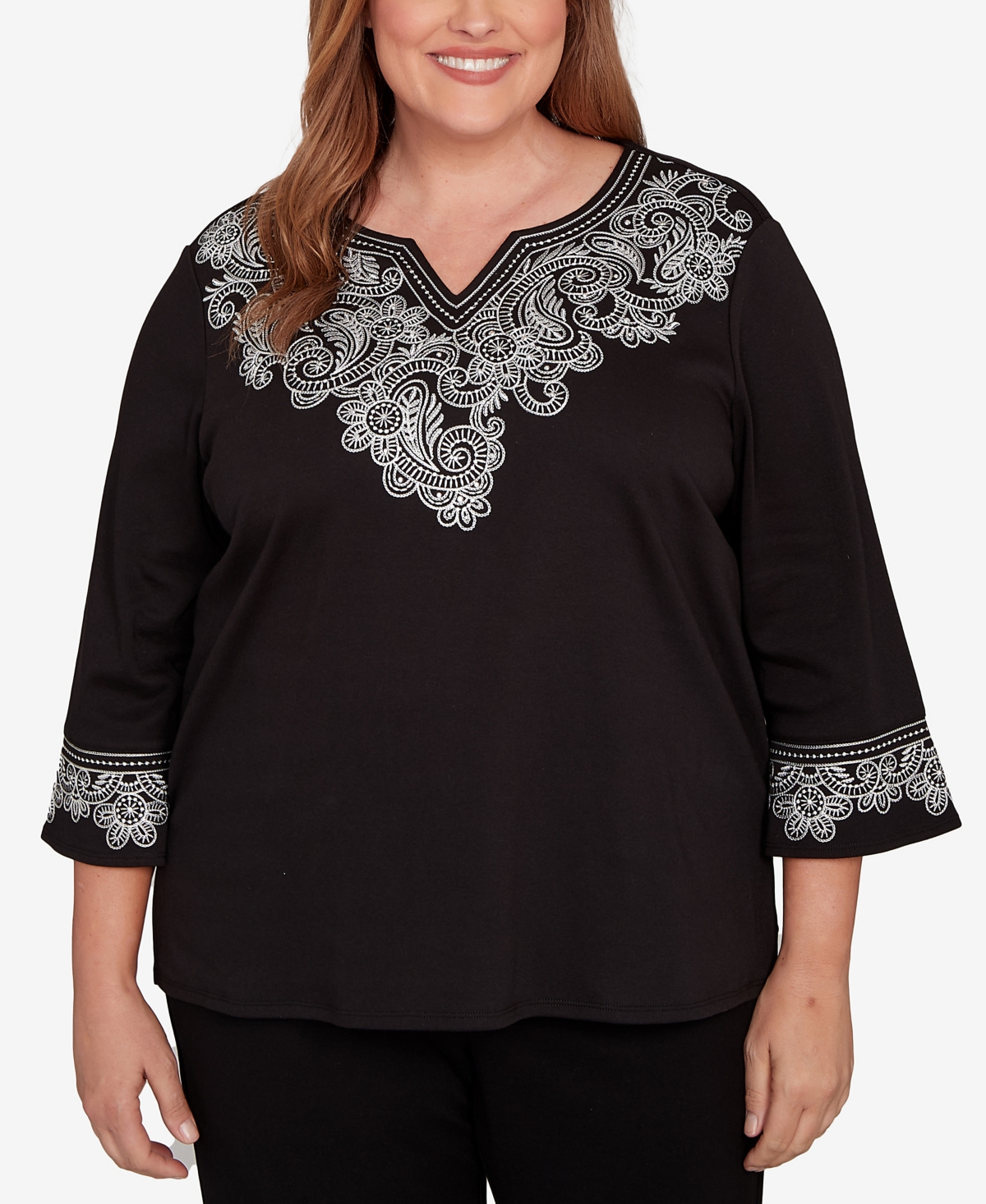 Alfred Dunner Plus Size Barcelona Embroidered Scroll Accent Soft Knit Top In Black