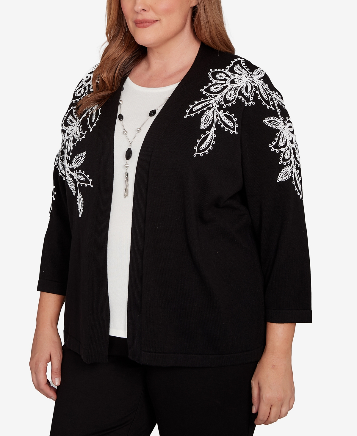 Alfred Dunner Plus Size Barcelona Floral Soutache Two In One Sweater With Necklace In Black