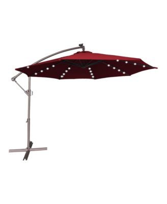 11FT Solar Offset Umbrella with 32 LED Lights Cantilever Hanging Outdoor Umbrellas Handy Crank & Cross Base for