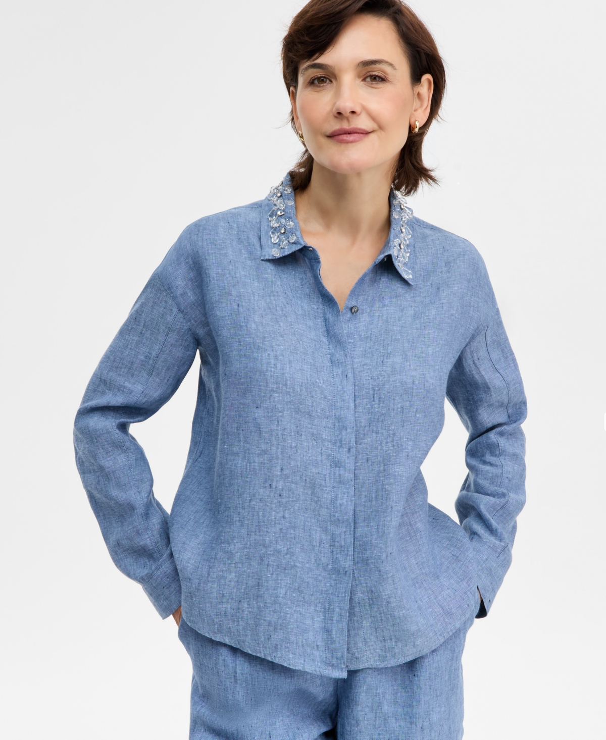 Charter Club Petite Woven Beaded Collar Shirt, Macy's Exclusive In Blue