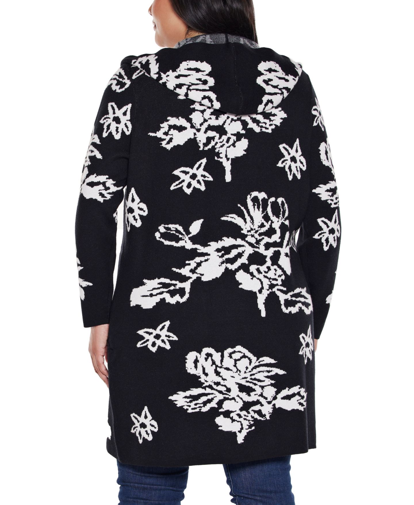Женский свитер Belldini Plus Size Hooded Fall Botanicals Coatigan, цвет: Чёрный комбинированный — фото 4