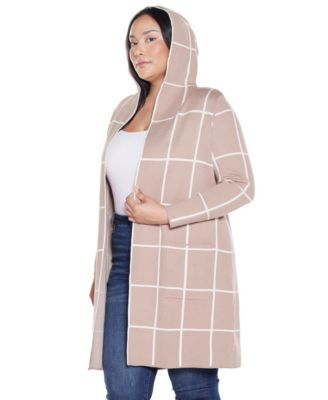 Plus Size Hooded Windowpane Plaid Cardigan Sweater