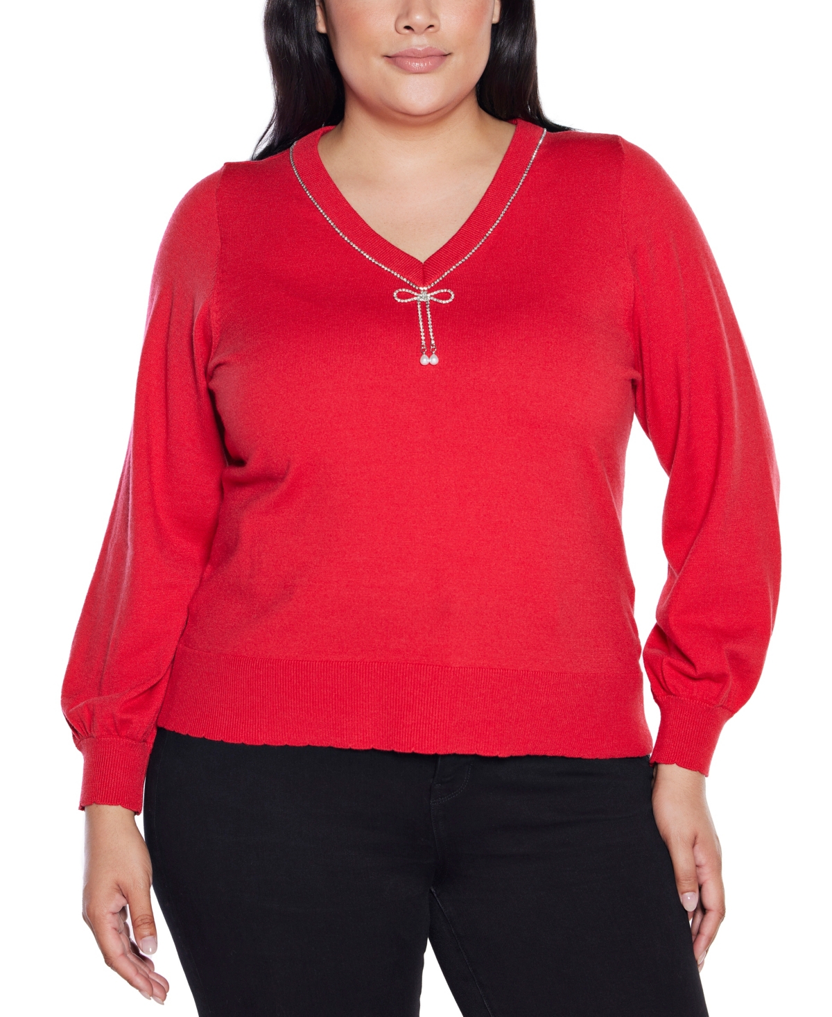 Belldini Plus V-Neck Rhinestone-Bow Sweater