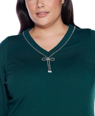 Plus Size  V-Neck Rhinestone-Bow Sweater