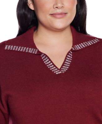 Plus Size  Rhinestone-Trimmed Split-Neck Sweater