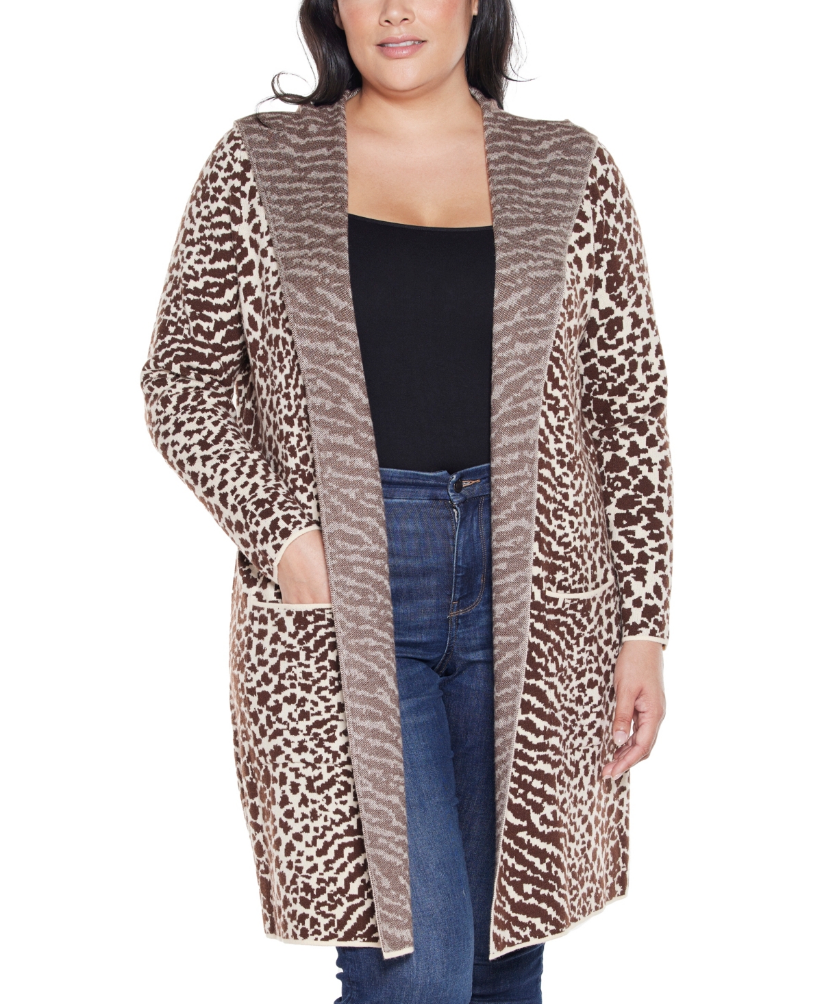 Belldini Plus Size Urban Safari Hooded Coatigan Sweater In Brown