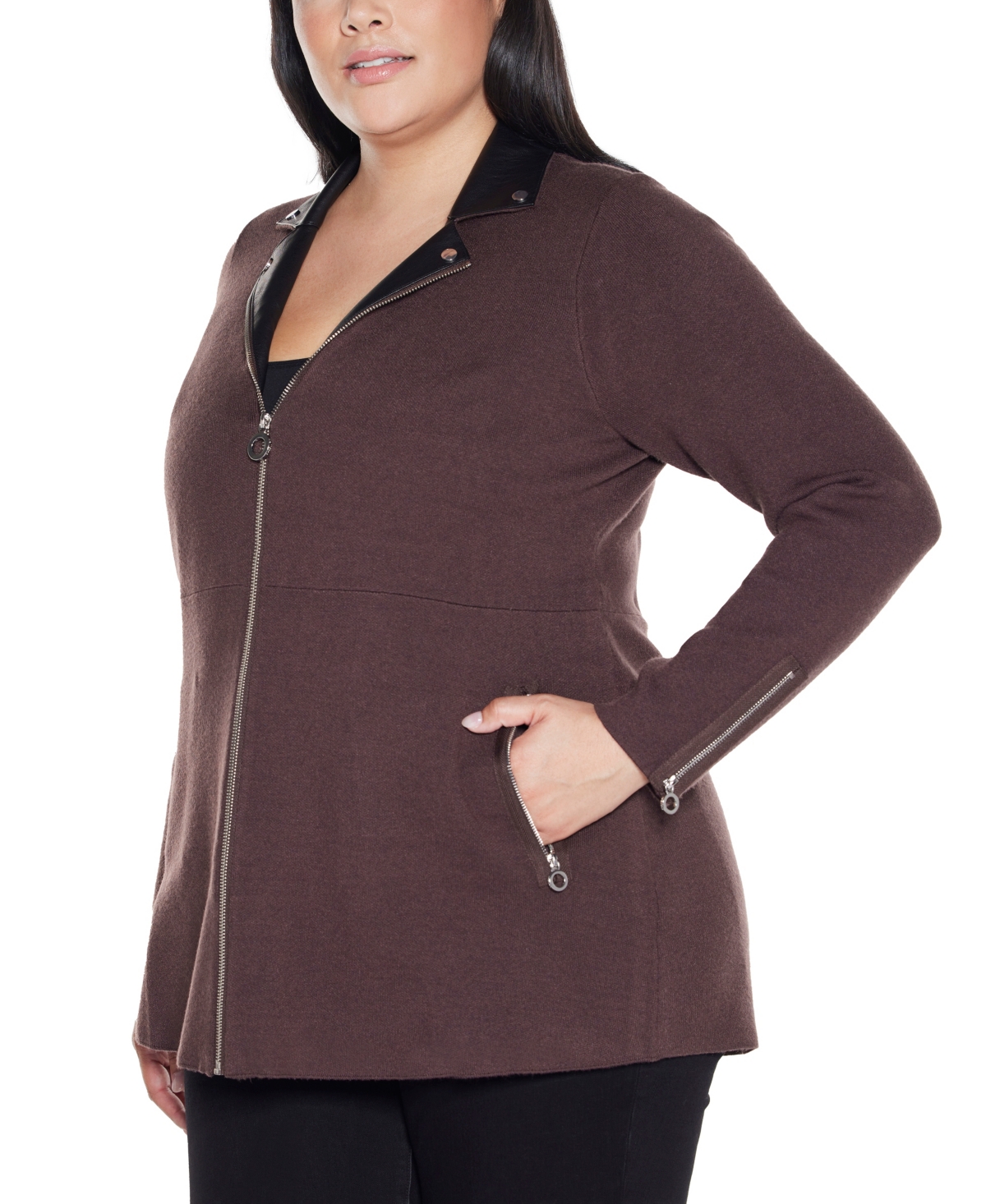 Belldini Plus Size Black Label Collared Sweater Jacket In Burgundy